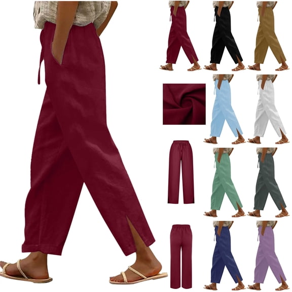 QATAINLAV Womens Plus Size Linen Pants Summer High Waist Casual Beach Pants Solid Color Side Slits Lightweight Trousers with Pockets, Purple, M