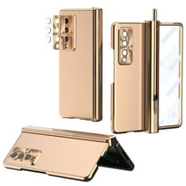 ELEHOLD for Samsung Galaxy Z Fold 4 2022 Plating Case,  Magnetic Hinge S Pen Holder Built-in Screen Protector Flim Camera Lens Cap No-Fingerprint Shockproof Case for ZFold 4 7.6 inch, Gold