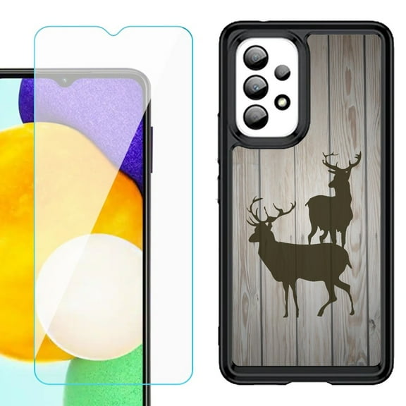 Shockproof Bumper (Black Frame) phone Case for Samsung Galaxy A23 5G, with Tempered Glass Screen Protector, by OneToughShield ® - Wood/Deer