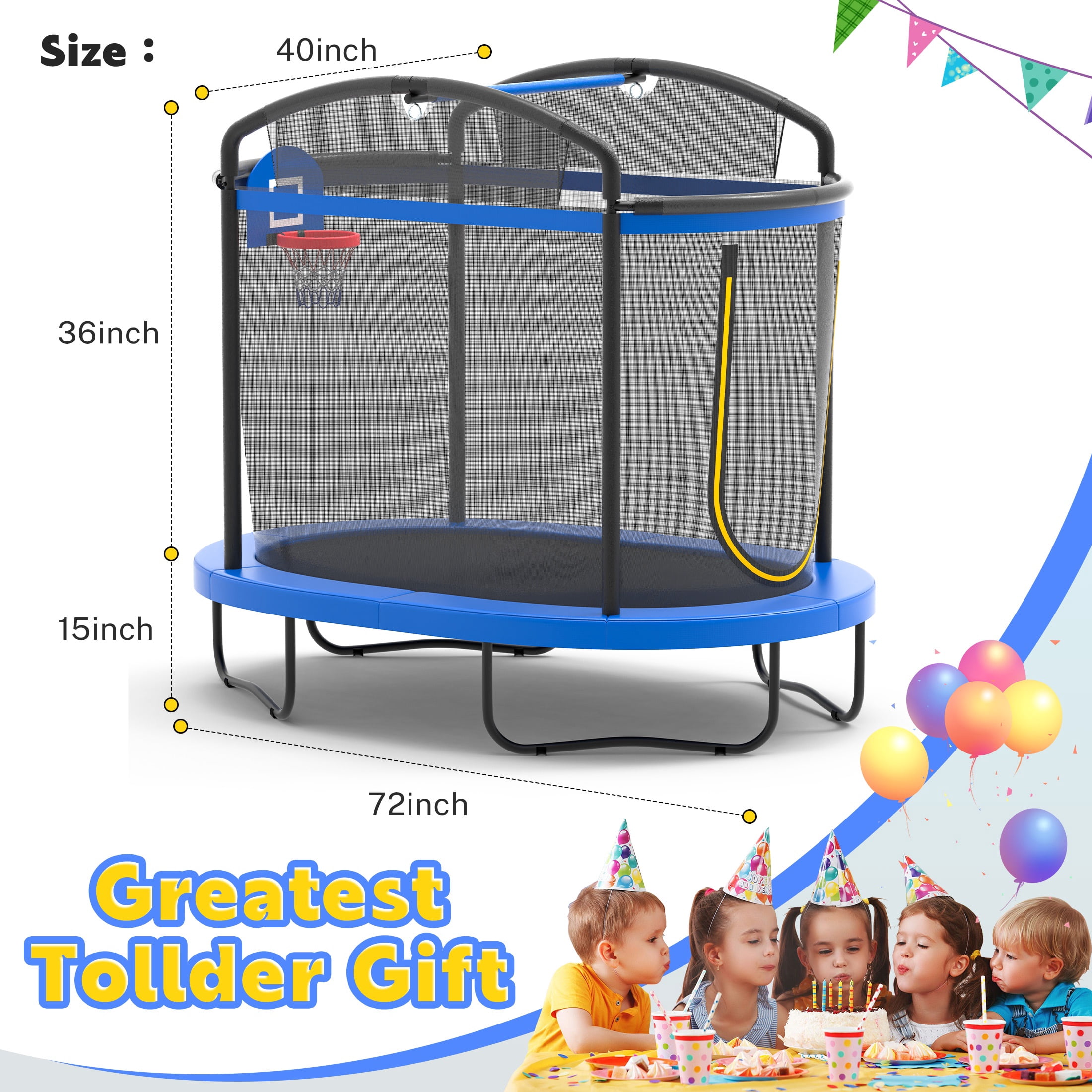 6Ft Toddler Trampoline for Kids with Enclosure, Shinpt Indoor & Outdoor Toddler Trampoline, Mini Trampoline for Boys & Girls Ages 3+, Small Trampoline with Basketball Hoop & No-Gap Safe Design