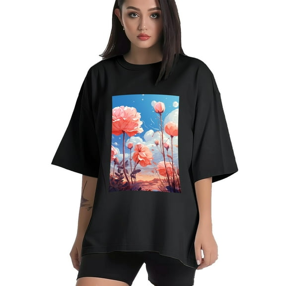 Plus Size Shirt for Women Black Tops for Women Short Sleeves Shirt for Women Red Rose And Sky2 T Shirt Crewneck Shirt for Women XS