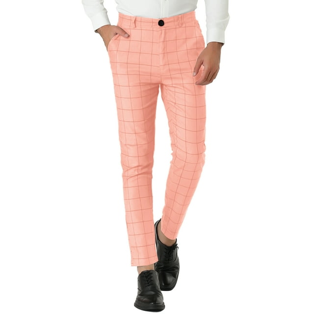 INSPIRE CHIC Inspired Men's Plaid Slim Fit Flat Front Dress Pants with Pockets 34 Pink