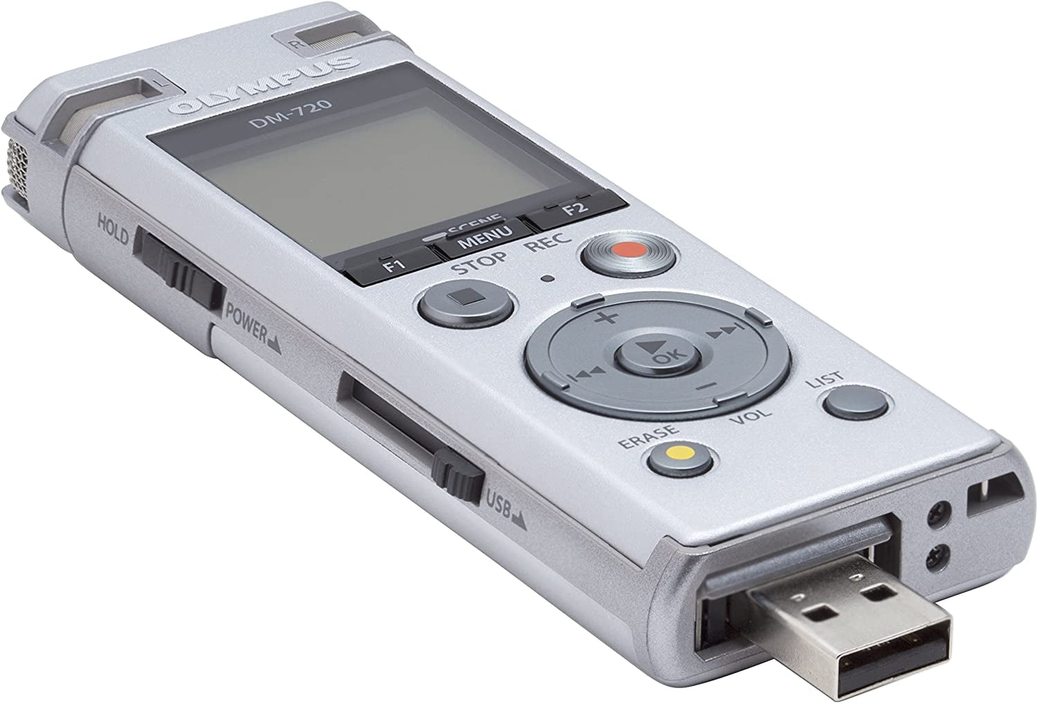 Olympus Voice Recorder DM-720 with 4GB, Micro SD Slot, USB Charging, Direction PC Connection, Transcription Mode, Silver, 4GB built in memory (985 hours) By Visit the Olympus Store