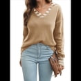 thumbnail image 3 of Suéter de Punto de Corte Regular con Cuello Marinero, Puños y Cuello en V A Rayas para Mujer Trigo Amarillo L, 3 of 8