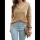 thumbnail image 3 of Suéter de Punto de Corte Regular con Cuello Marinero, Puños y Cuello en V A Rayas para Mujer Trigo Amarillo L, 3 of 8
