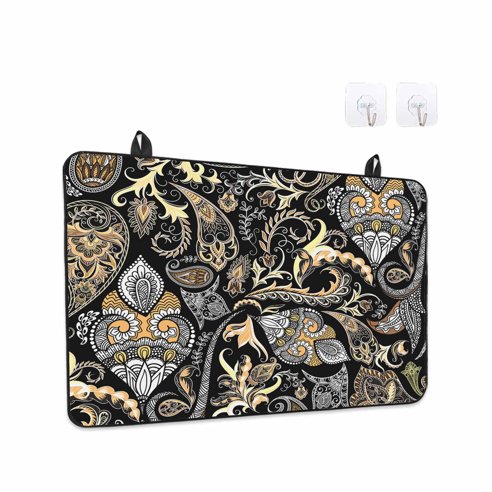 Black Floral Stove Top Cover for Electric Stove, Heat-proof & Non Slip Glass Top Stove Cover Protector, Boho Botanical Vintage Paisley Flower Kitchen Flat Cooktop Rubber Mat 24x21 Inches