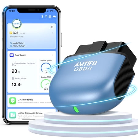 OBD2 Scanner Reader Bluetooth Wireless: Smart 1s Auto-Connect Clear Error Code Live Data Reset Diagnostic Tool for iPhone/Android Vehicle Voltage/Performance/Speed/Fuel Test AMTIFO B25 C40