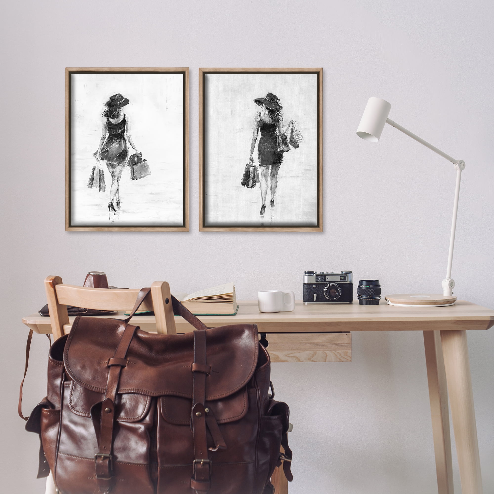 Stupell Industries Female Figures Shopping Bags People Painting Brown Floater Framed Canvas Art Print Wall Art, 17 x 25, Set of 2