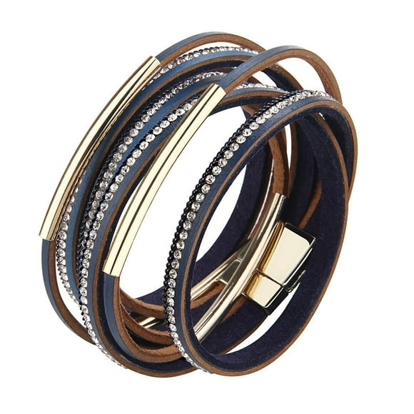 de Cuero para Mujer, de Cristal, Hebilla Magnética - Azul Sunnimix Pulsera multicapa para mujer