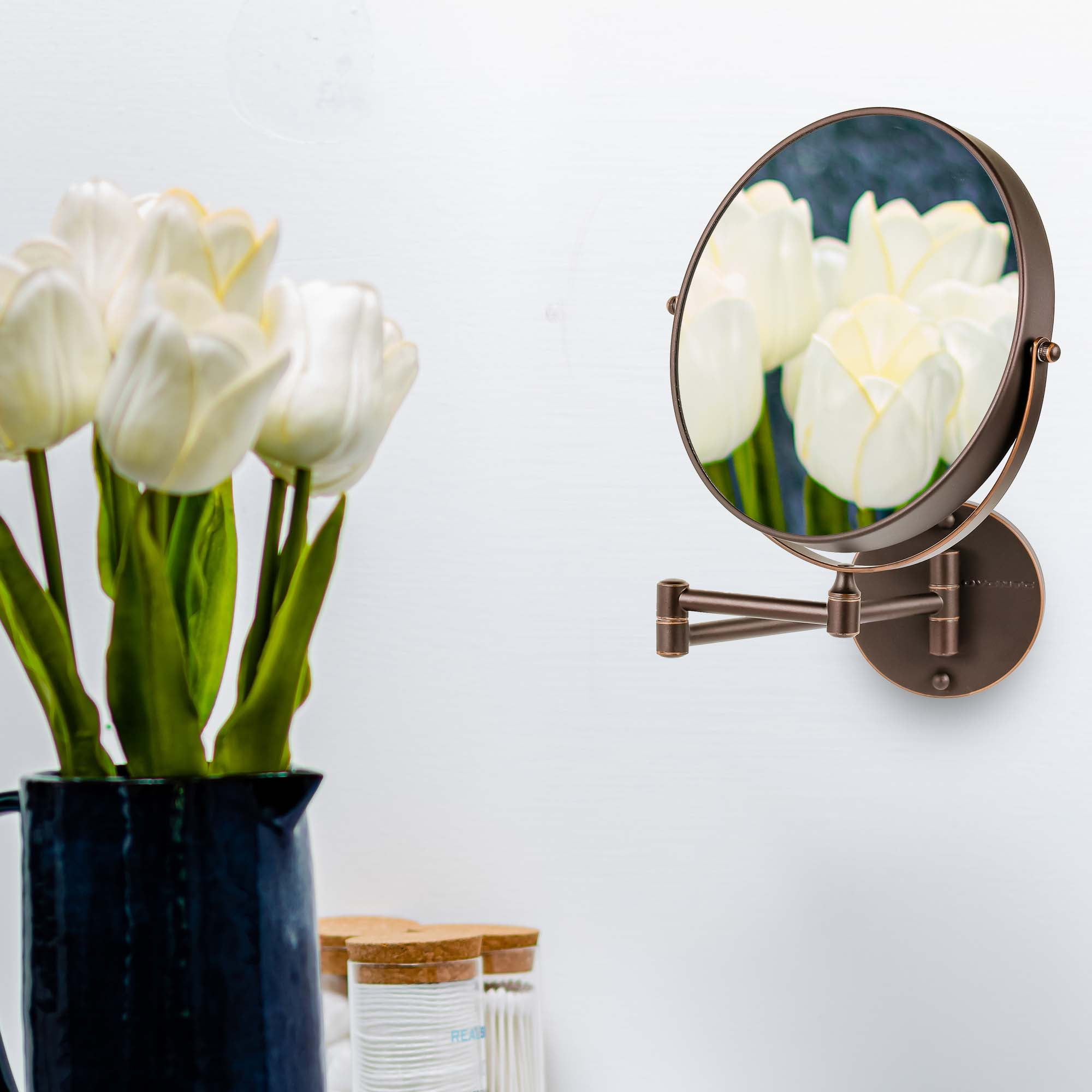 OVENTE 9" Wall Mount Makeup Mirror - Two-Sided with Adjustable Magnification and Folding Arm MNLFW90ABZ1X7X