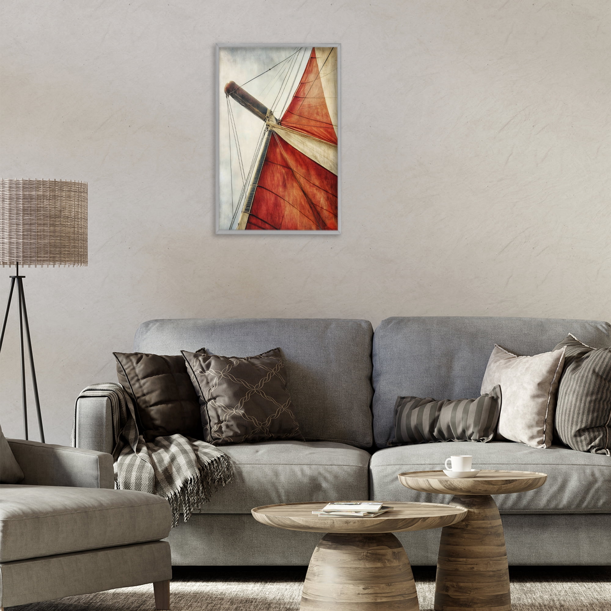 Stupell Industries Red Sail at Sea Gray Framed Giclee Art, design by Creative Studio
