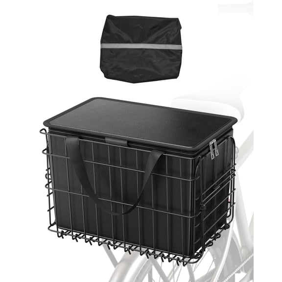 VEVOR Rear Bike Basket, Folding Wire Bicycle Basket with Cargo Net, Removable Liner Bag & Waterproof Cover, Quick Release Design Bike Basket for Adult Women/Men Carrying Dogs Pets Fruit & Grocery