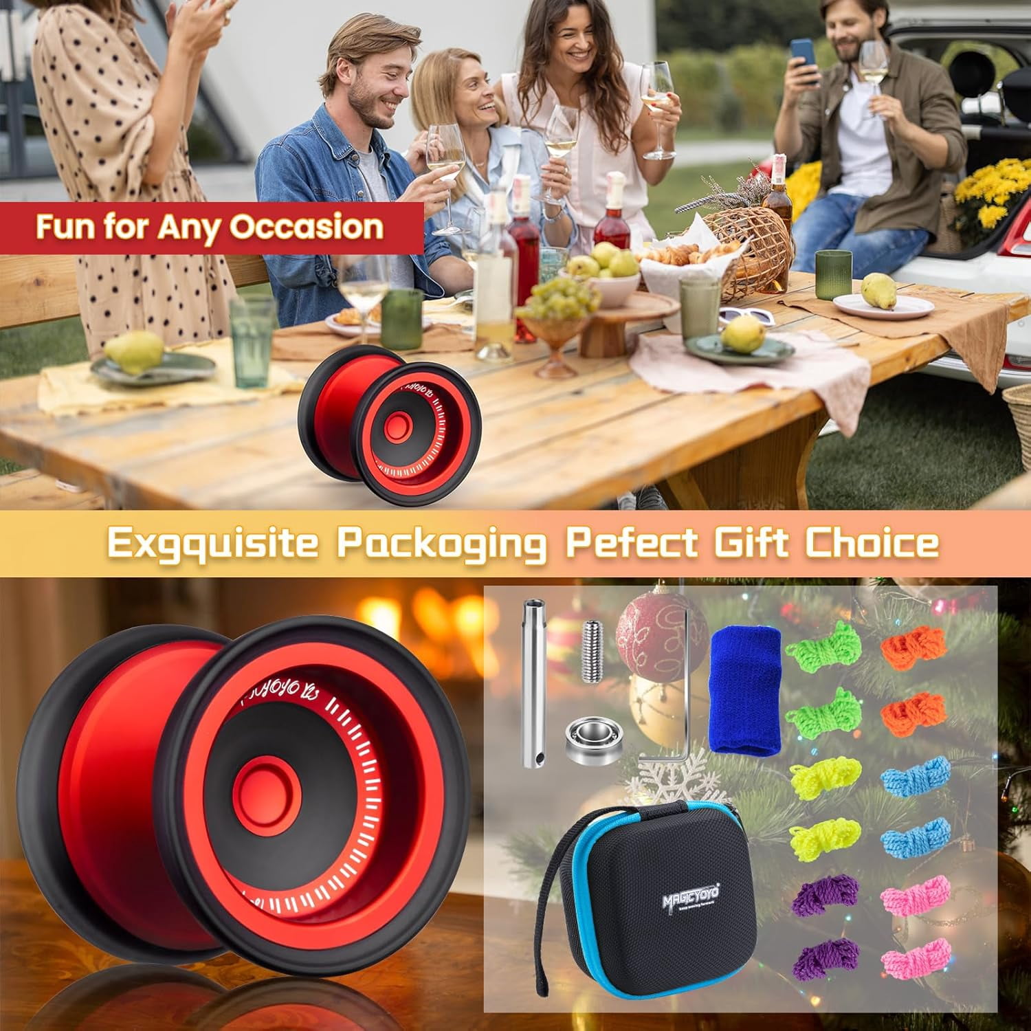 Magicyoyo V13 DEEPSPIN Bi-Material Yoyo for Kids 8-12, Dual Purpose Professional Yoyo for All Skill Levels, Trick Yo yo with 12 Yo-yo Strings, Finger Brace, Bearing Kit (Red+Black Rings)