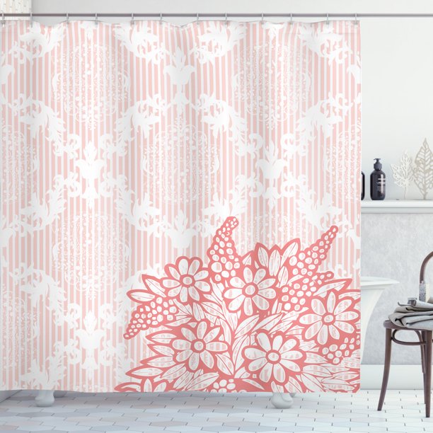Coral Shower Curtain, Antique Ornate Royal Checkered Floral Backdrop