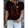 thumbnail image 1 of Women's Stylish Maple Leaf Cat Graphic Tee - Black Casual Short Sleeve T-Shirt with Vibrant Orange & Red Cat Design, Comfortable Summer Top for Casual Attire, Casual Summer Top | Trendy Graphic Tshir, 1 of 6