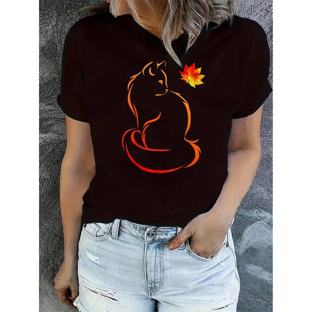 Women's Stylish Maple Leaf Cat Graphic Tee - Black Casual Short Sleeve T-Shirt with Vibrant Orange & Red Cat Design, Comfortable Summer Top for Casual Attire, Casual Summer Top | Trendy Graphic Tshir
