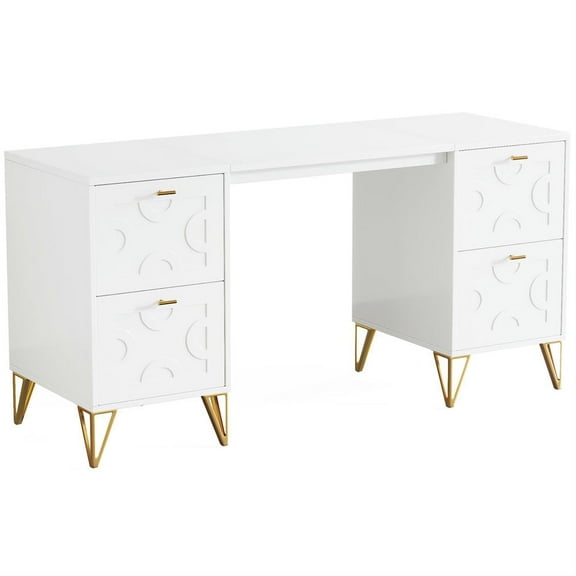 Demi Bonn 59" Executive Computer Desk with File Cabinet, Modern Study Writing Gaming Table for Home Office, White