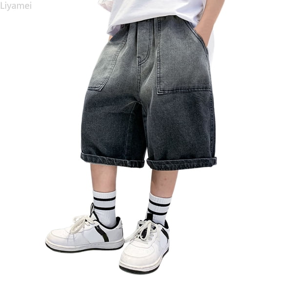 Liyamei Boys Gradient Denim Shorts with Elastic Waist for Summer Style Size 5-15,Black