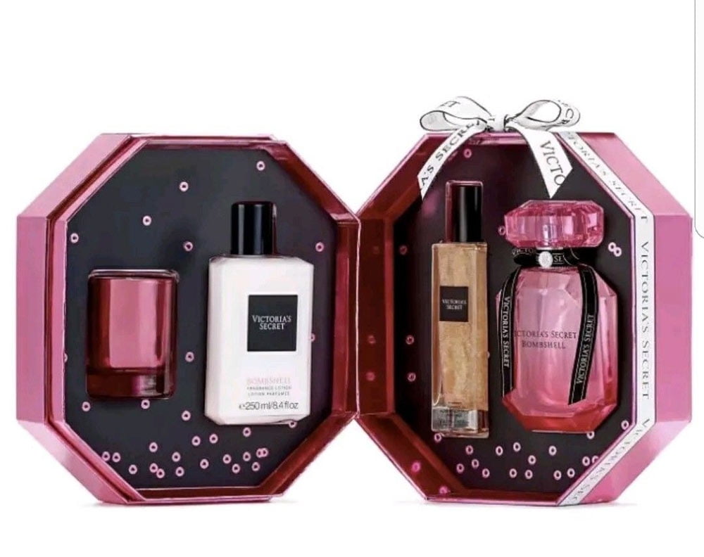 Victoria's Secret Deluxe Bombshell Fragrance Perfume Lotion Candle 4PC Gift Set