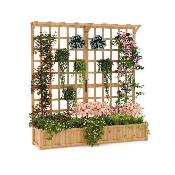Memoryfield Wooden Raised Garden Bed with Trellis & Hanging Roof, Elevated Outdoor Planter Box with 8 Drainage Holes, 1.4 ft Deep for Climbing Plants, Flowers, Herbs & Vegetables