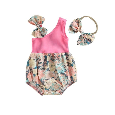 

Tregren Baby Girl Two Piece Outfits Summer Floral One Shoulder Romper and Stretch Headband Cute Clothes