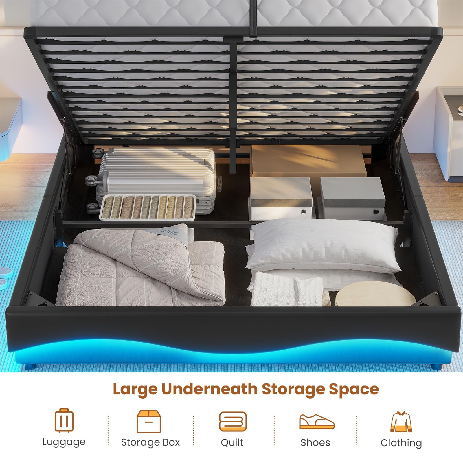 Amuzer Queen Bed Frame with Lift Up Storage,Type-C Charging Station,Hidden Storage Headboard, Upholstered Platform Bed with LED Lights,with Hydraulic, No Box Spring Needed,Black