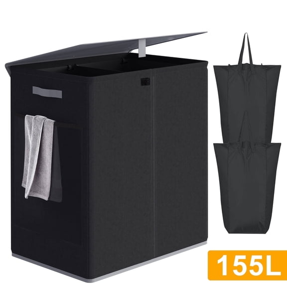 BGTREND Double Laundry Hamper with Lid 155L Laundry Basket with Removable Liner Bags & Side Mesh Pocket Collapsible Laundry Sorter Dirty Clothes Hamper (Black)