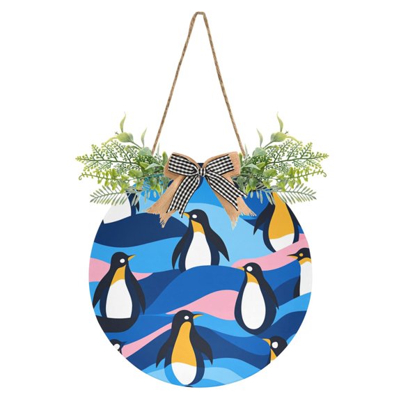 Playful Penguin Art Front Door Porch Decoration Hanging Sign with Artificial Green Plants and Bow for Home Outdoor Indoor