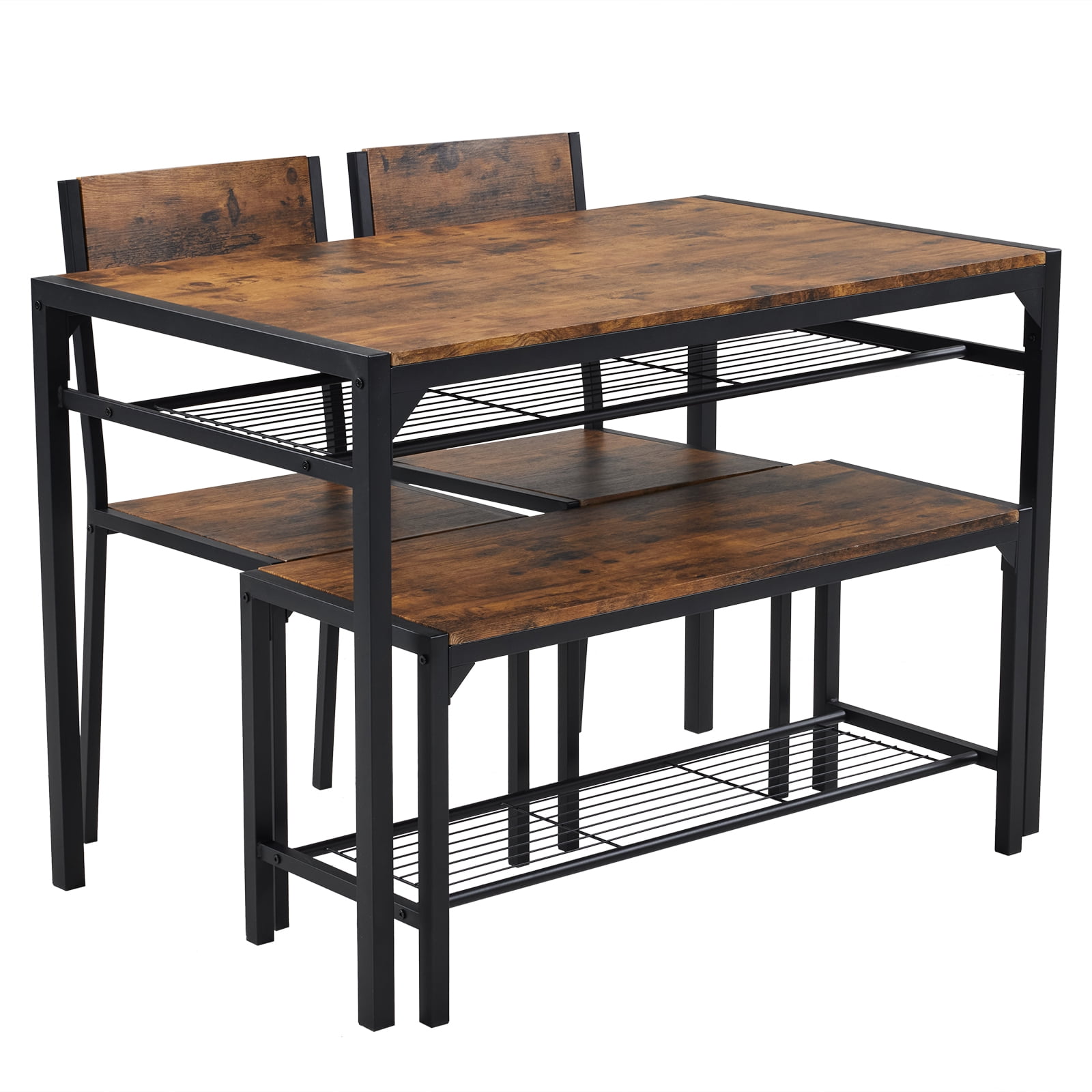 Space-Saving 4-Piece Dining Table Set, MDF Metal Frame Table with 2 Chairs and Bench, Storage Shelves Dining Set for Small Apartment Kitchen