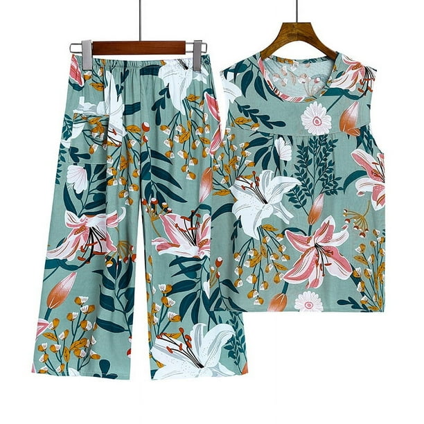 Chaleco sin mangas de seda de algodón de verano para mujeres de mediana edad y mayores, pantalones cortos, pijama, conjunto de dos piezas, conjunto de ropa de hogar de algodón artificial para madres