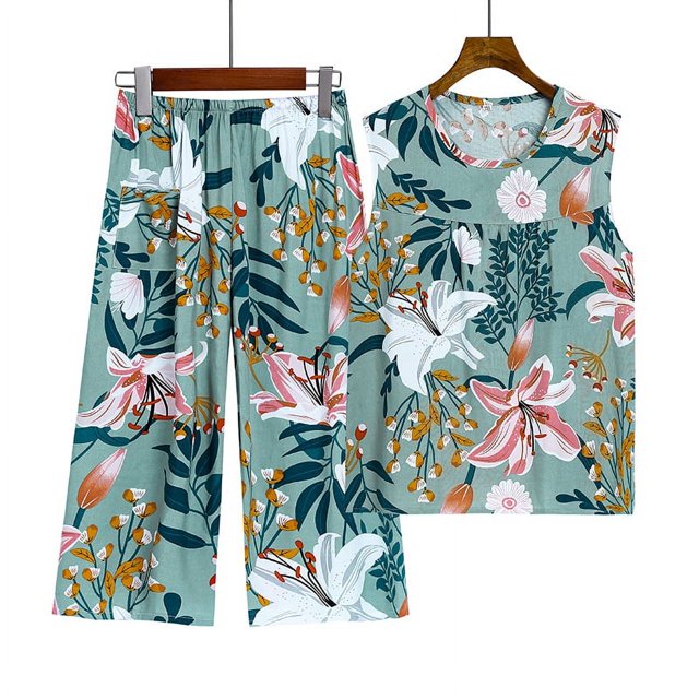 Chaleco sin mangas de seda de algodón de verano para mujeres de mediana edad y mayores, pantalones cortos, pijama, conjunto de dos piezas, conjunto de ropa de hogar de algodón artificial para madres