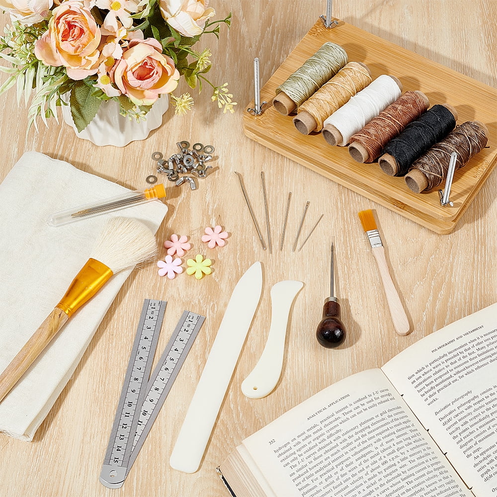 DIY Bookbinding Tool Kits including Bamboo Portable Book Press Bookbinding Tool Leather Craft Kits Stainless Steel Ruler Wooden Brush Pens