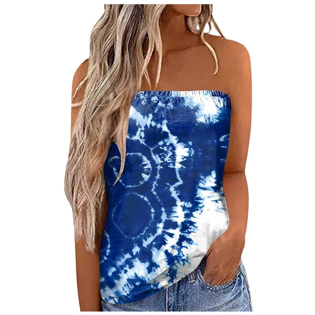 MIASHUI Blouse Tube Imprimée pour Femmes Vacances d'Été Décontractée Sans Bretelles, Bleu, P