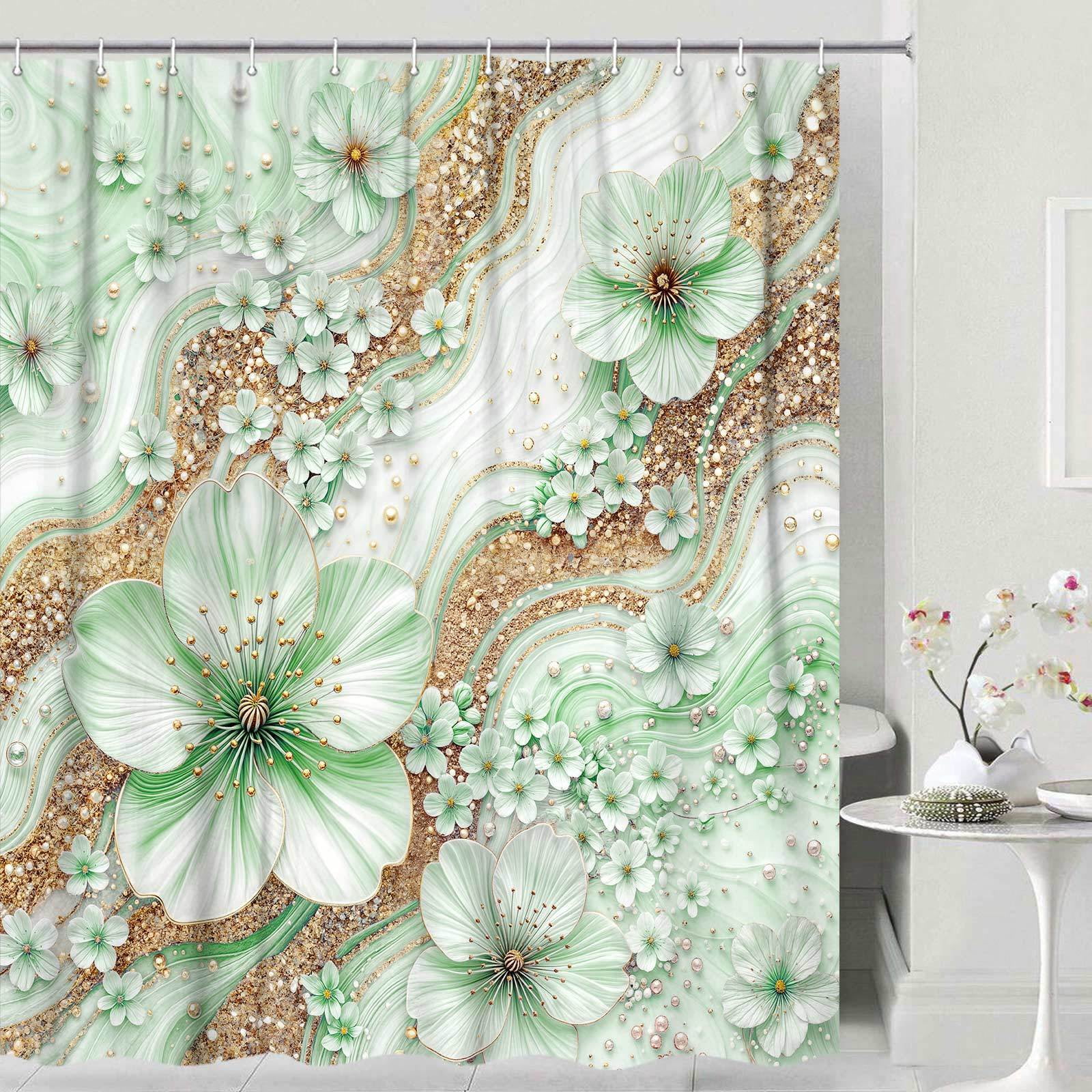 Green Luxury Light Floral Shower Curtain, Elegant Boho Bathroom Decor, Cherry Blossom with Gold Glitter Marble Texture, Waterproof Washable Fabric Shower Curtain Set with Hooks,70X85in