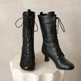 thumbnail image 4 of Black Women'S Lace-Up Mid-Calf Boots With Round Toe And Flat Design For Everyday Winter Outfits Comfortable Pu Leather Construction, 4 of 6