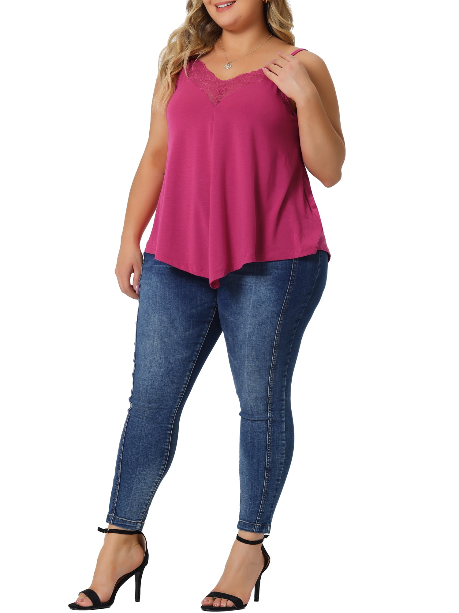 Unique Bargains Women's Plus Size Cami Tank Lace Front Spaghetti