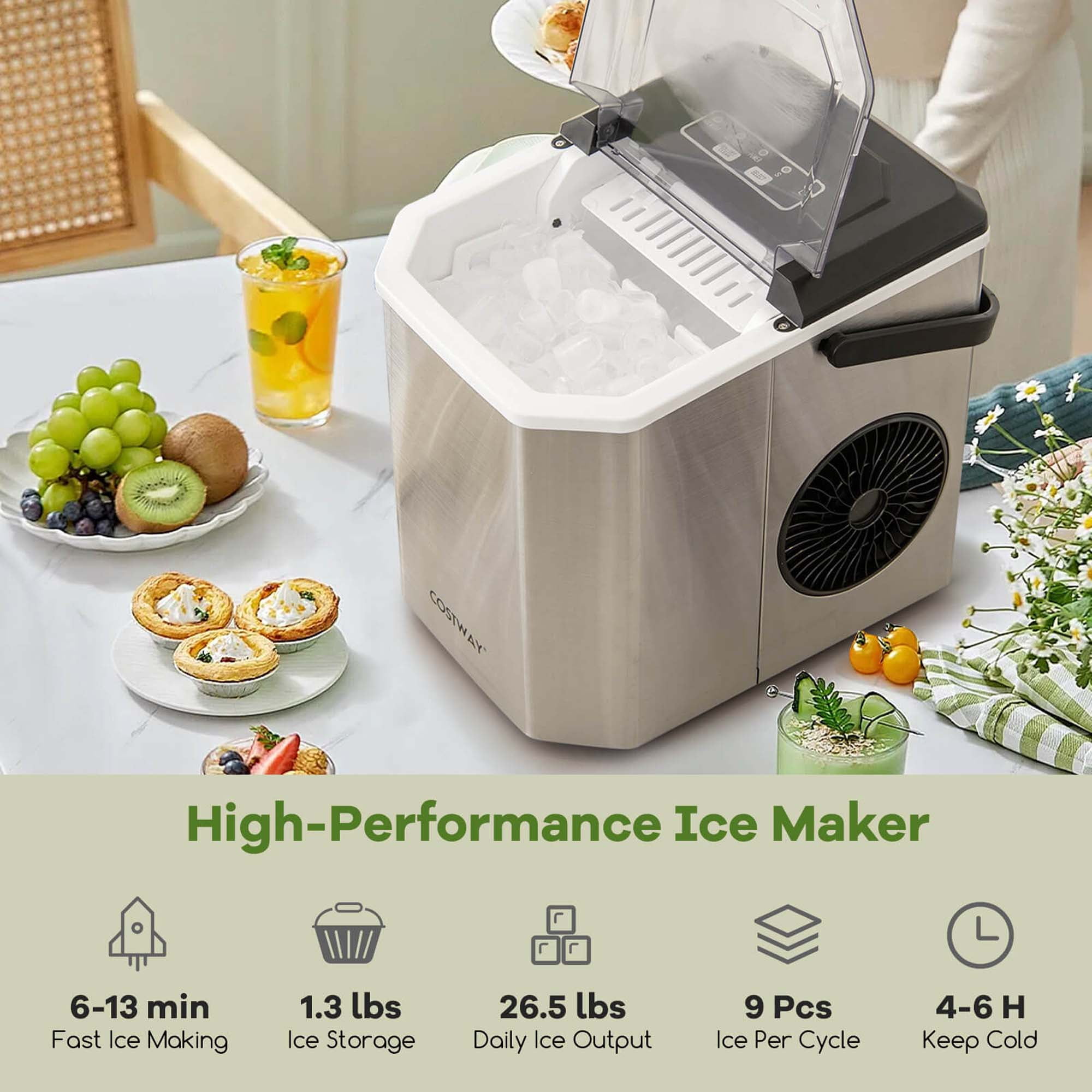 Costway Countertop Ice Maker Portable Ice Making Machine 6-13 Mins 9 Ice 26.5 lbs/24 Hrs Silver