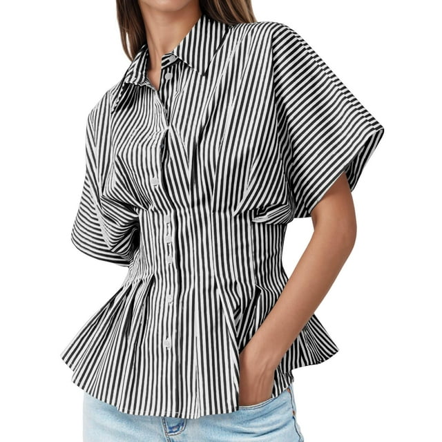 Blusa Tankaneo de manga corta con botones en forma de peplum a rayas para mujer