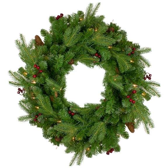 Northlight Real Touch™️ Pre-Lit Mixed Winter Berry Pine Artificial Christmas Wreath - 24" - Clear
