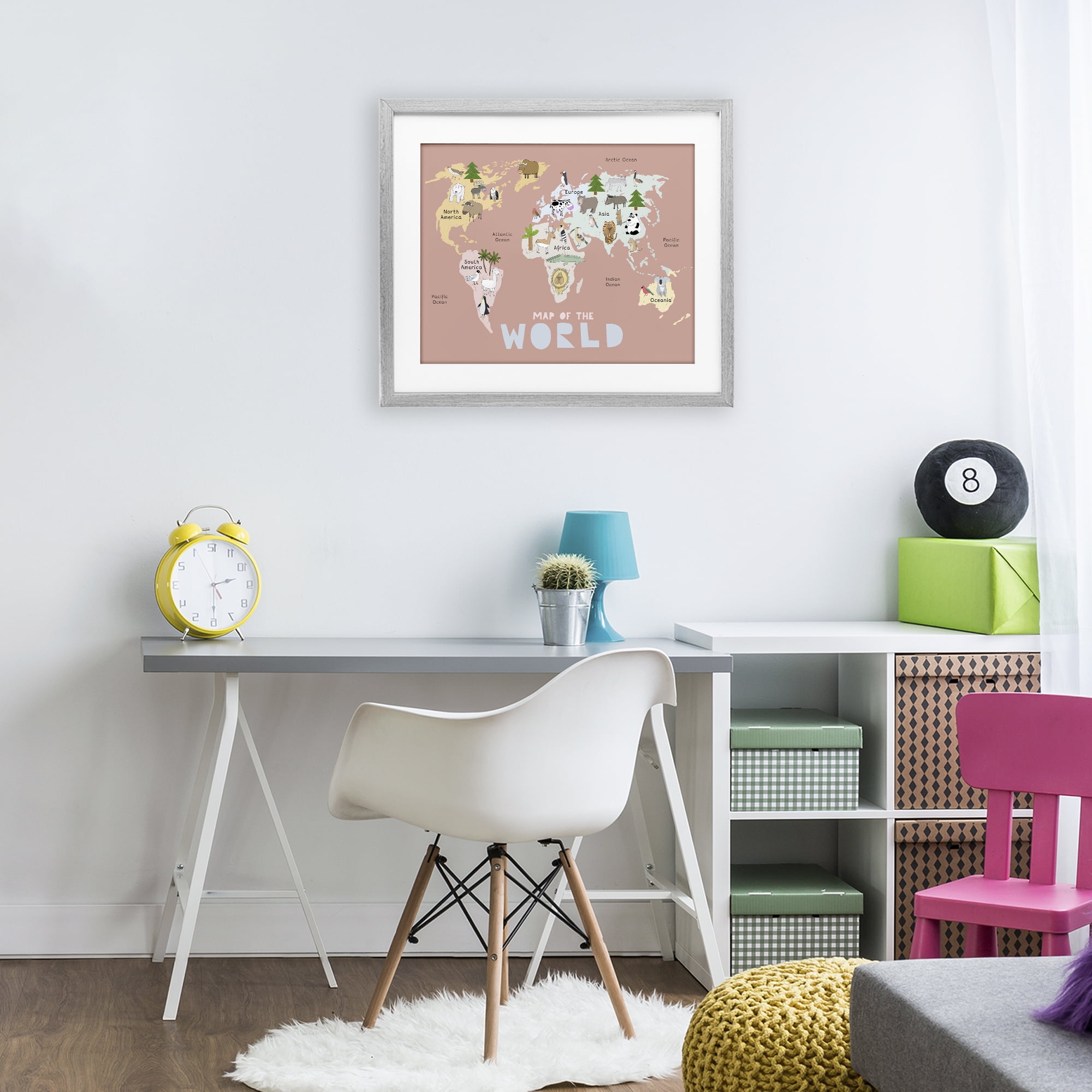 Kid's Map Of World Pink Gray Framed Print Under Glass, design by Carla Daly