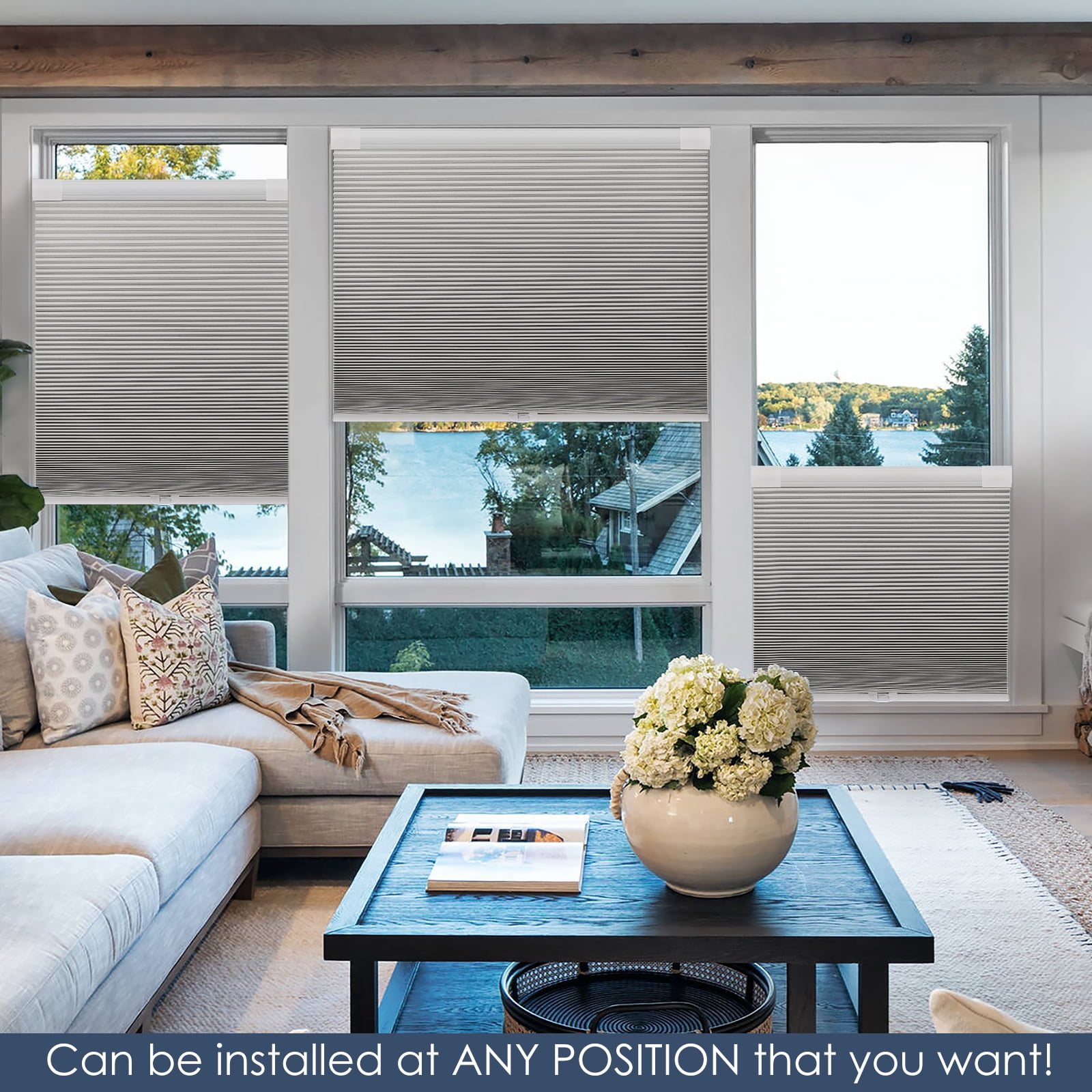 Keego No Drilling Cordless Cellular Shades Honeycomb Window Blinds Easy Installation Heat Insulating Noise Reducing Curtains Blackout Gray, 59.0"w x 54"h