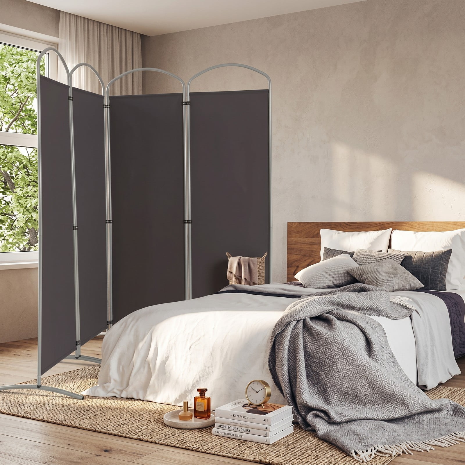 ALPULON 6.2Ft Folding 4-Panel Room Divider Freestanding Privacy Screen Partition for Home Office Living Room Bedroom, Polyester Fabric with Metal Base, Gray