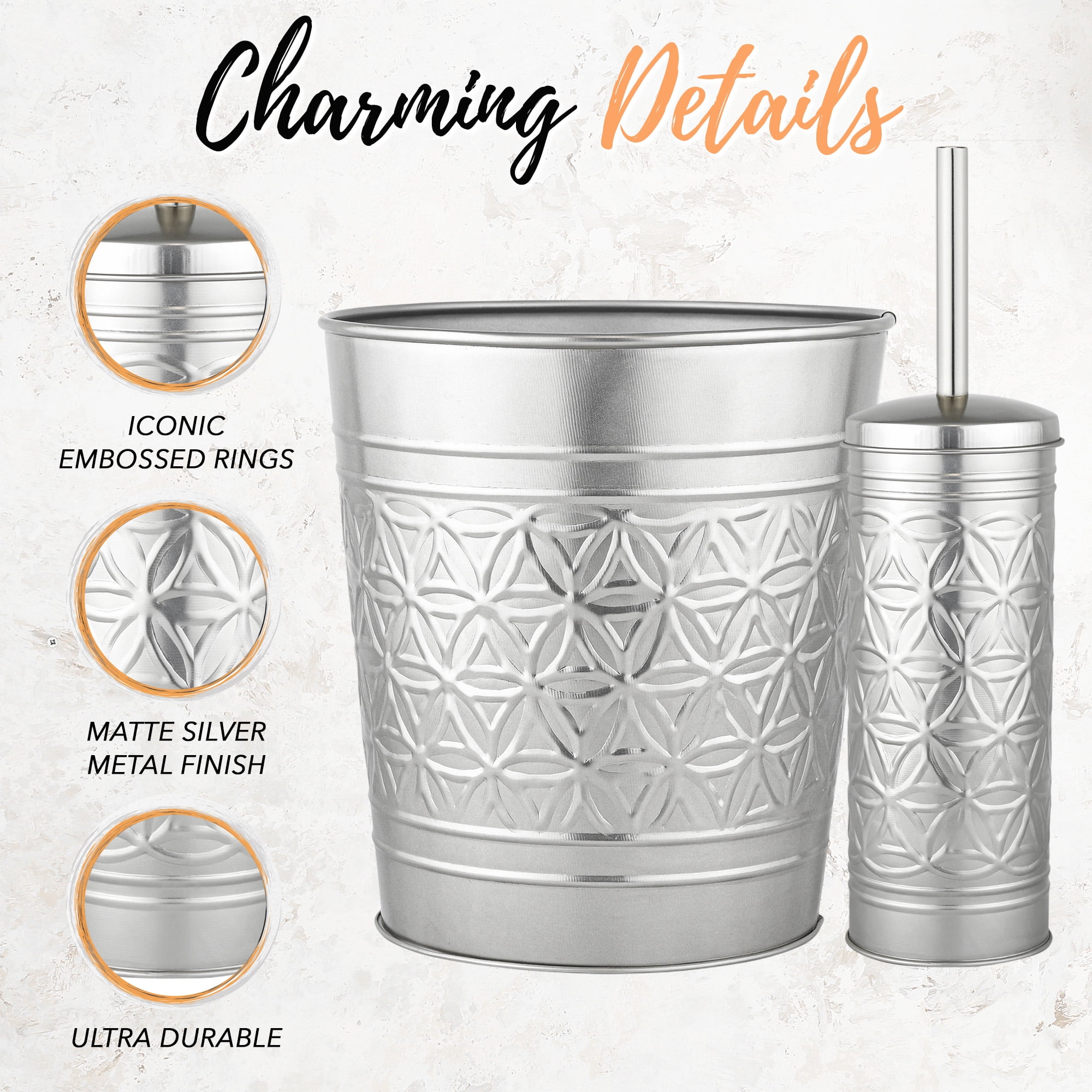 Autumn Alley Brushed Nickel Bathroom Trash Can and Toilet Bowl Brush with Holder - Silver Bathroom Garbage Can Set for Charming Bathroom Accessories Décor