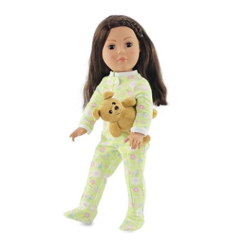18 Inch Doll Soft Green Footed Heart Pajamas PJs with Teddy Bear