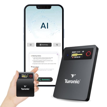 Turonic L813 AI Voice Recorder with AI Technology – 128GB, USB-C, Dual Mics, Noise Canceling, Transcription, File Security, Compact Design for Work, Study, and Interviews