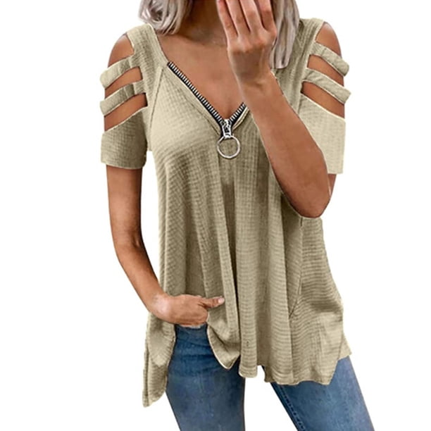 Camiseta con cuello en V y cremallera para mujer, informal, a la moda, con dobladillo suelto, manga calada, hombros descubiertos, blusa