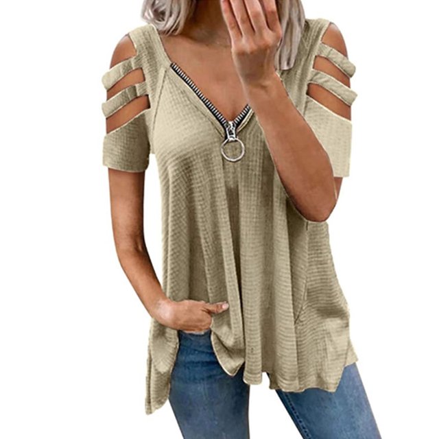 Camiseta ahuecada con hombros descubiertos,Blusa con hombros descubiertos y cremallera con cuello en V para mujer Camiseta ahuecada con cremallera Aspecto llamativo