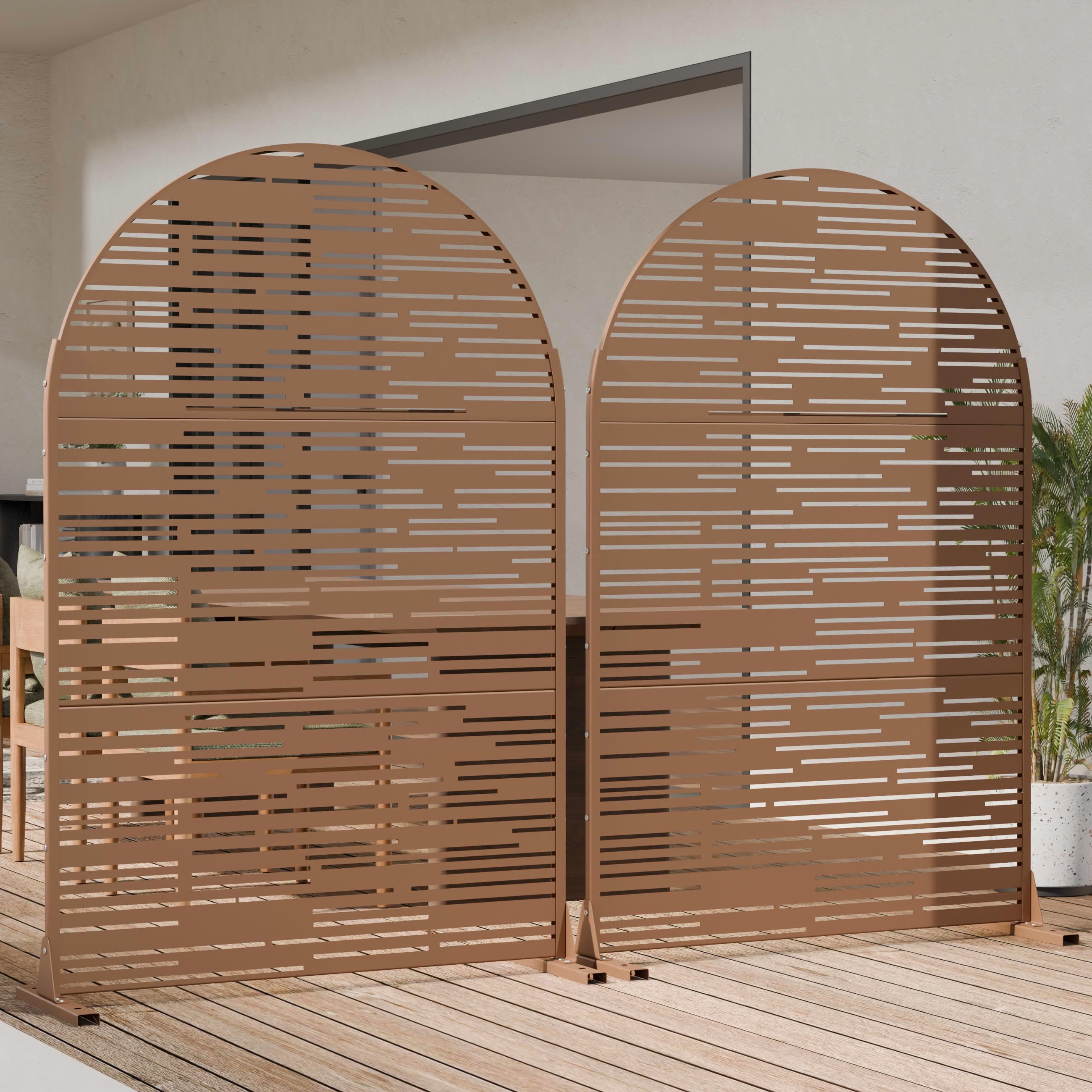 MAYEERTY Outdoor Metal Privacy Screen 6ft × 4ft Brown, 3-Panel Light & Shadow Pattern, Rust-Resistant for Garden