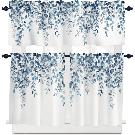 Alishomtll Kitchen Curtains and Valances Sets Blue Floral Print Kitchen Curtains 3 Piece Set 36 Inches Long,Rod Pocket