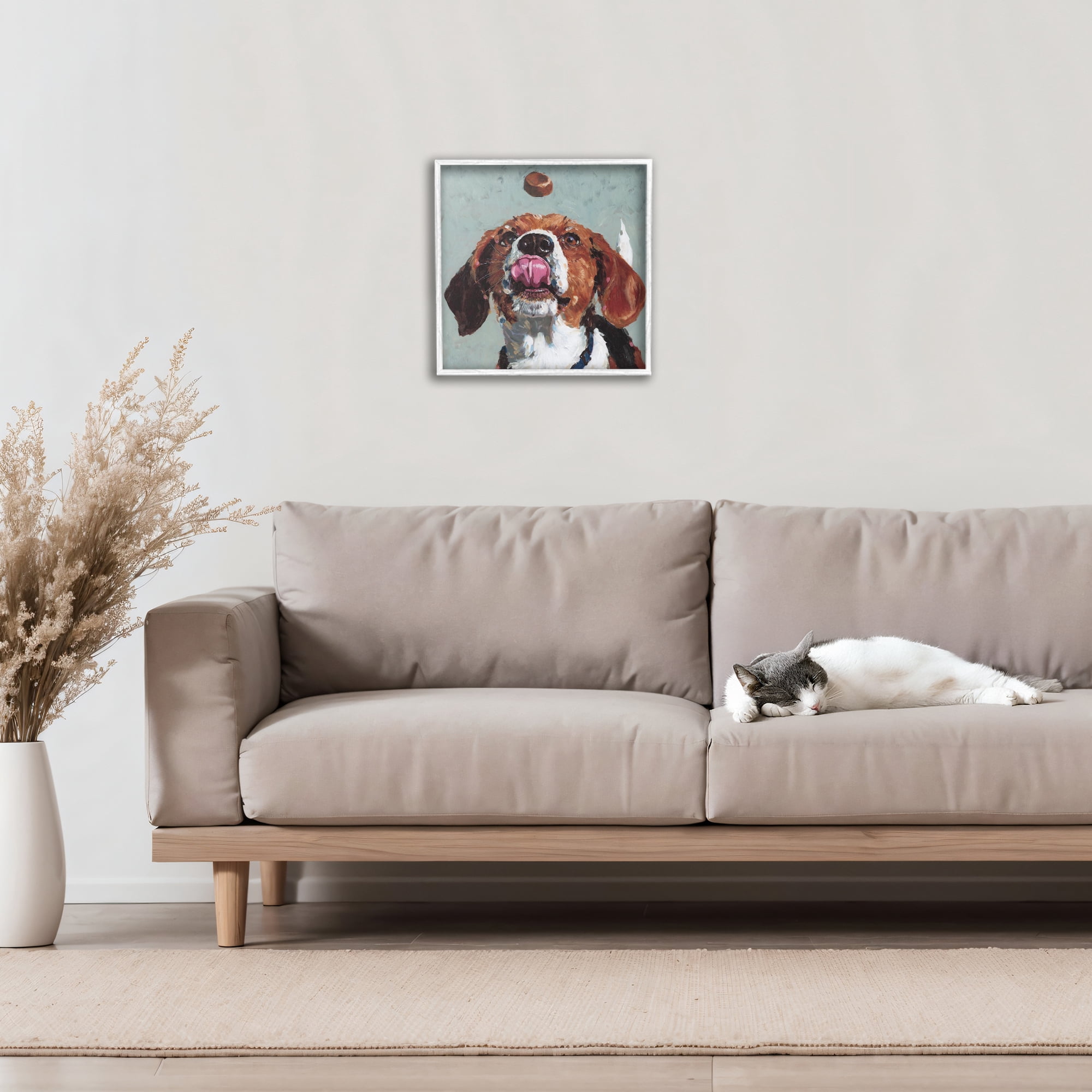 Stupell Industries Beagle Treat Excitement White Framed Giclee Art, design by Studio Bautista